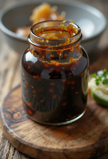 Salcë teriyaki e shkëlqyeshme, kafe e errët në tas qeramike, pranë salcë soje, mirin, sake dhe sheqer kaf në tasa të vegjël