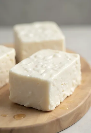 Kube tofu të freskëta në shoqërinë e sojës dhe qumështit të sojës mbi dërrasë druri