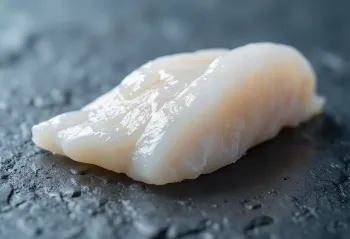 Fileto merluci të freskët me limon, majdanoz dhe kripë deti në dërrasë druri