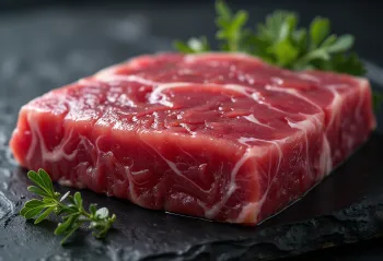 Feta toni të freskët me erëza dhe limon në dërrasë prerëse druri