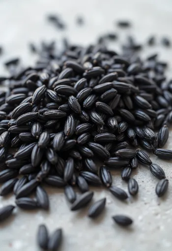 Oriz i egër krudo me kokrra të gjata e të errëta në tas qeramike