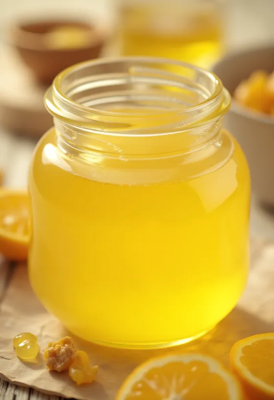 Ghee (gjalpë i qartësuar) në kavanoz dhe me lugë në dërrasë druri, në dritë natyrale
