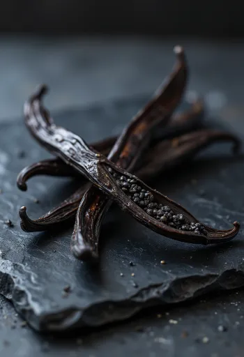 Bishtaja vaniljeje në tas qeramike dhe mbi sipërfaqe druri