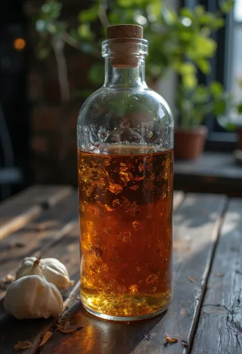 Shishe vermuti të kuq dhe gotë mbi tavolinë rustike, me erëza dhe ullinj