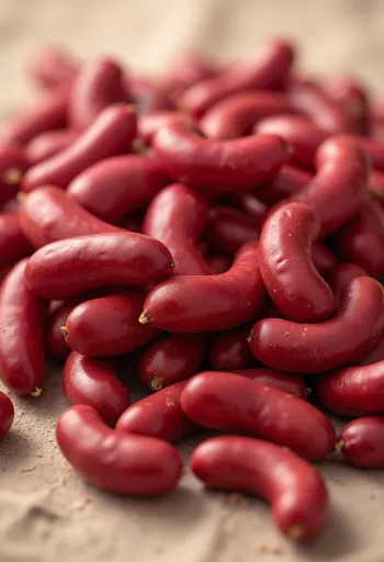 Fasule të kuqe fotorealiste në tas qeramike dhe në lugë druri mbi tavolinë rustike