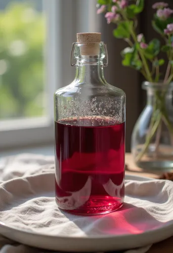 Uthull vere e kuqe në enë qelqi, rrethuar nga rrush i kuq, musht dhe nëna e uthullës