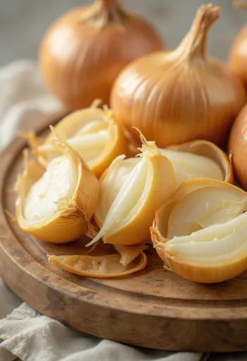 Qepë e kuqe e plotë dhe e prerë në feta mbi sipërfaqe rustike