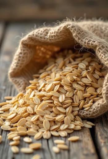 Kokrra tërshëre të pastruara në thes të vogël dhe të shpërndara në sipërfaqe druri