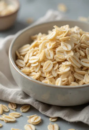 Flokë tërshëre krudo në tas qeramike, të shpërndara mbi sipërfaqe druri