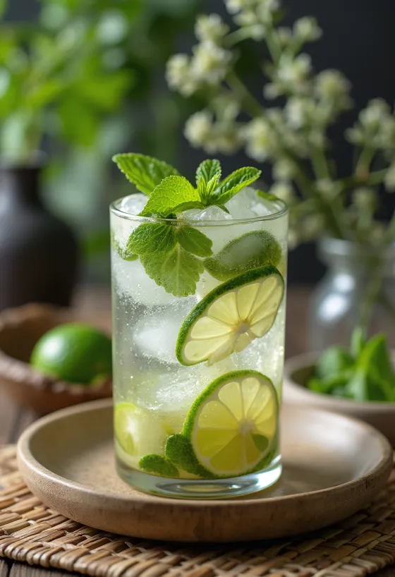 Mojito e zbukuruar me gjethe menteje të freskëta dhe feta limoni jeshil