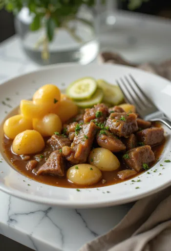 Gjellë me patate dhe turshi e servirur