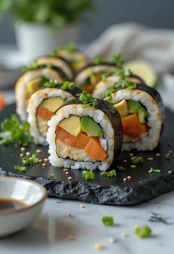 Sushi vegane me tofu, perime dhe salcë soje