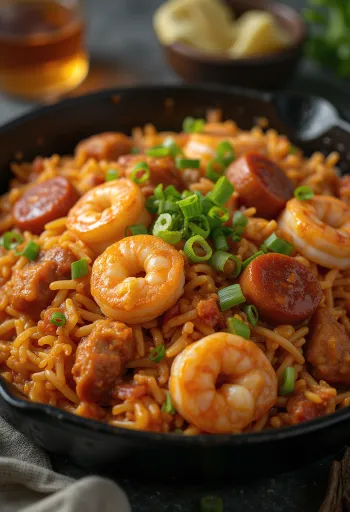 Jambalaya e shërbyer me sallam dhe karkaleca