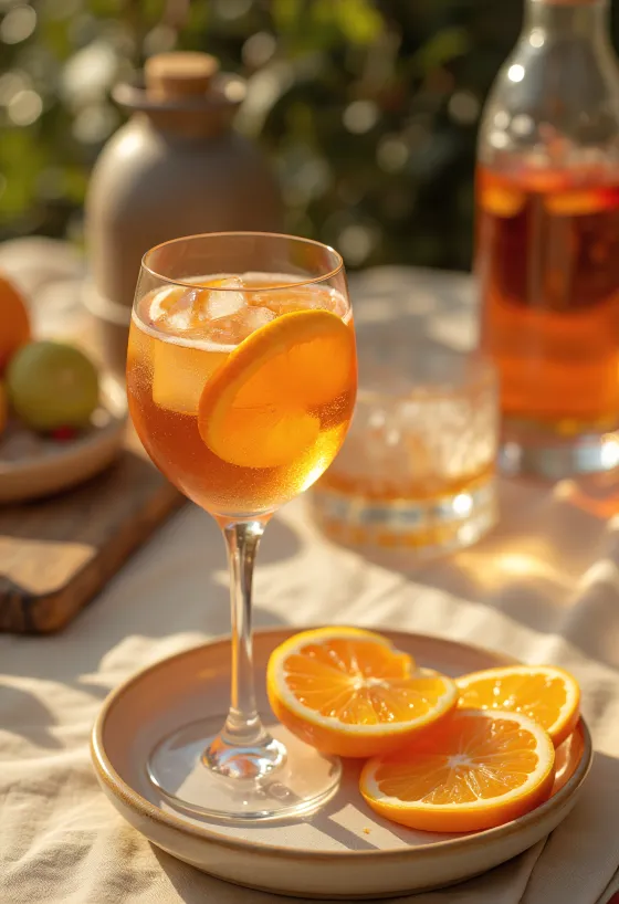 Koktej Aperol me Portokall i servirur me fetë portokalli dhe akull