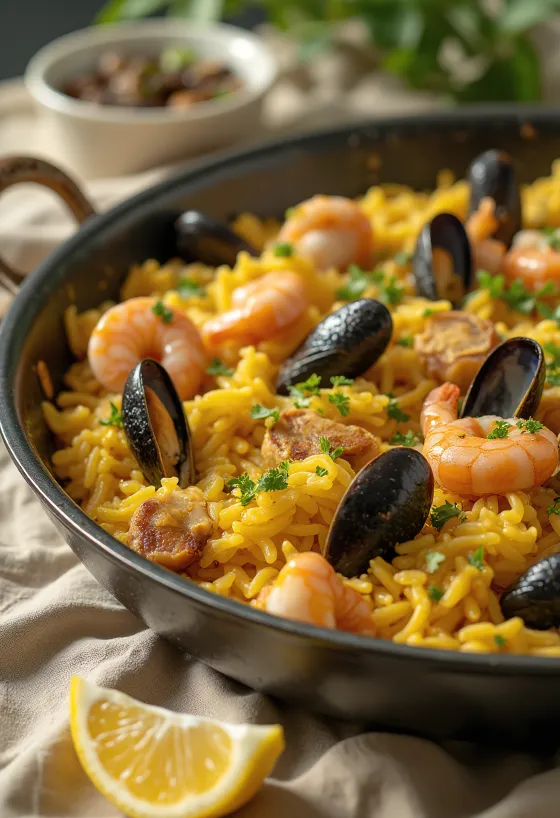 Paella me fruta deti dhe pulë e servirur