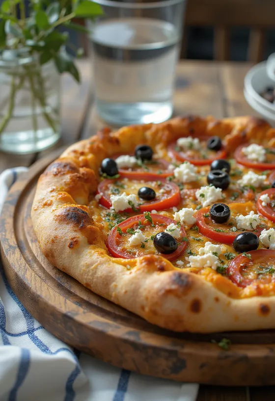 Pizza Greca me djathë feta, ullinj të zinj dhe domate të freskët