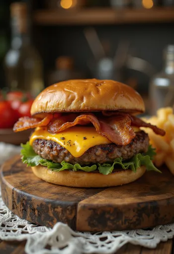 Burger i pjekur në zgarë me djathë cheddar dhe bekon