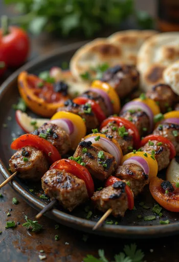 Shish qebap, mish dhe perime të pjekura në hell