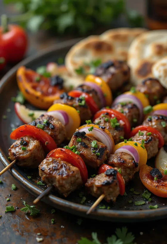 Shish qebap, mish dhe perime të pjekura në hell