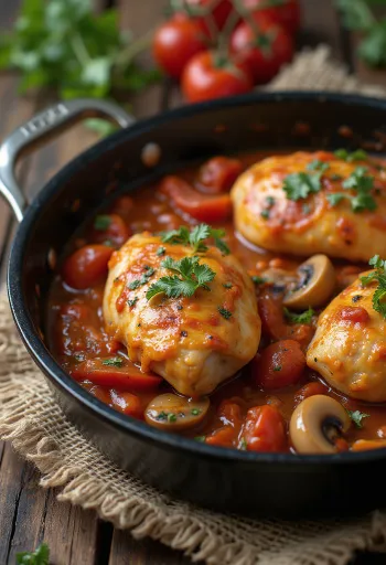 Pulë cacciatore e shërbyer në tigan me perime