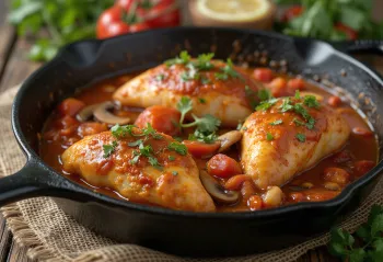 Pulë cacciatore e shërbyer në tigan me perime
