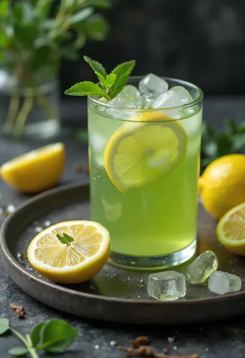 Çaj i gjelbër i ftohtë i servirur me limon dhe mente