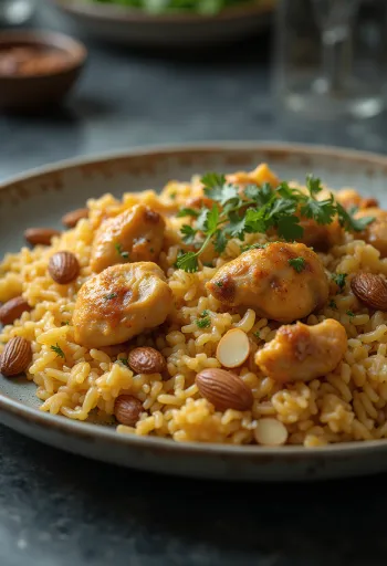 Kabsa e shërbyer me bajame dhe rrush të thatë