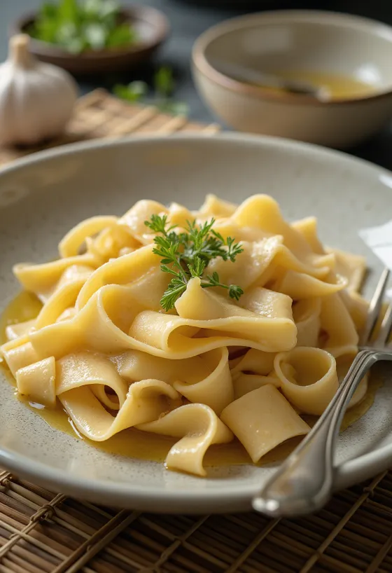 Yuba me makarona pappardelle, lëkurë tofu me salcë soje dhe makarona të gjera të shërbyera