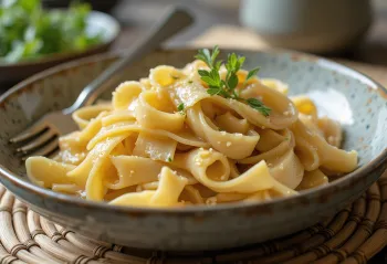 Yuba me makarona pappardelle, lëkurë tofu me salcë soje dhe makarona të gjera të shërbyera
