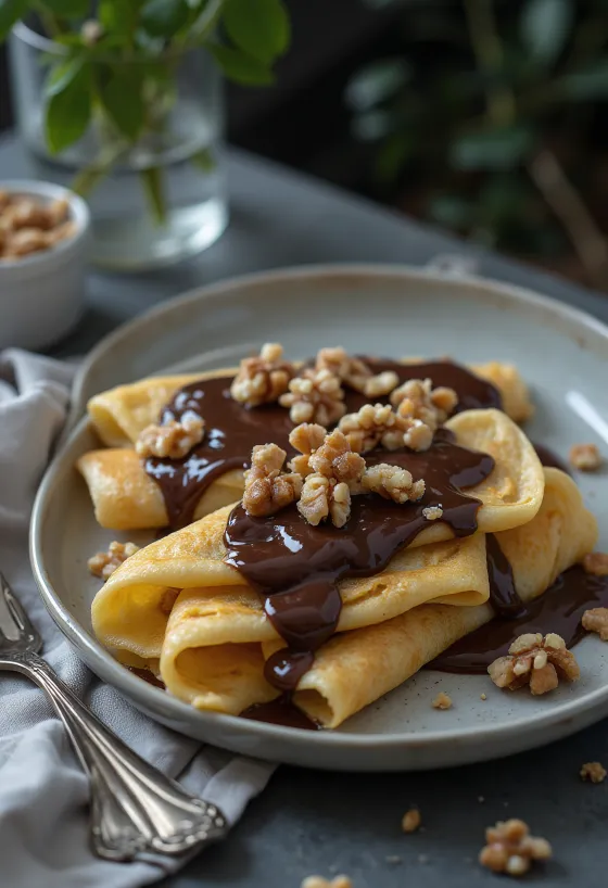 Krepa Gundel të sapopërgatitur, të mbushur me krem arre, të mbuluar me salcë çokollate, servirur në pjatë.
