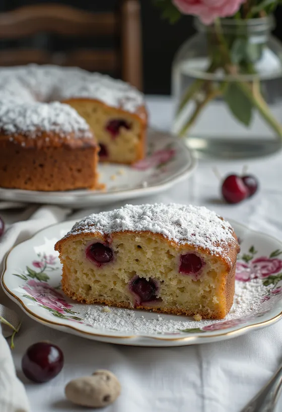Tortë me farë lulekuqeje dhe vishnje e prerë në feta
