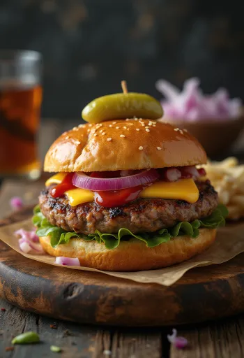 Burger pikant me salsiçe i servirur