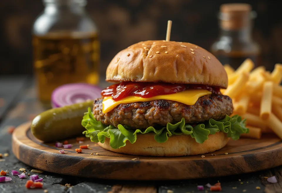 Burger pikant me salsiçe i servirur
