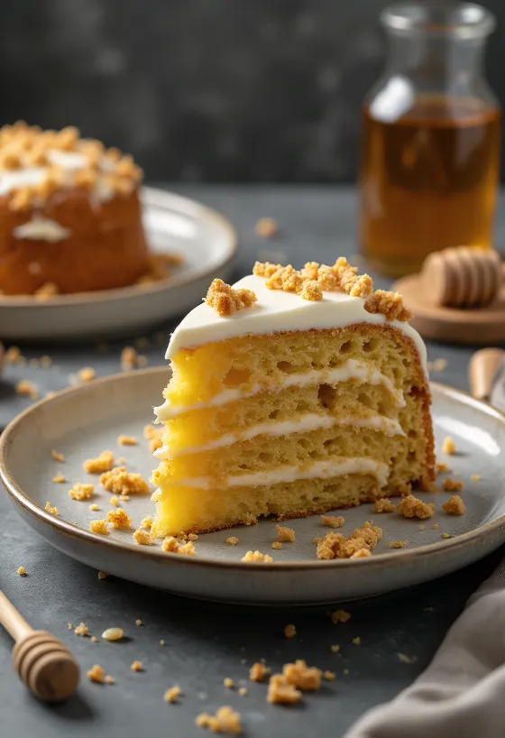 Tortë ruse me mjaltë me shtresa kremi dhe dekoruar me thërrime brumi