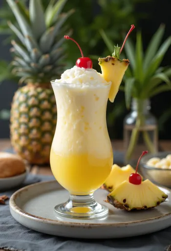 Piña Colada e zbukuruar me ananas të freskët dhe qershi kokteji