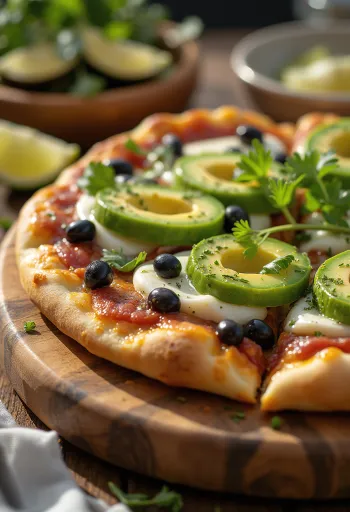 Pizza Mexicana me spec jalapeño, fasule të zeza dhe avokado