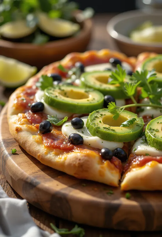 Pizza Mexicana me spec jalapeño, fasule të zeza dhe avokado