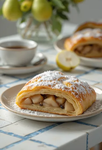 Strudel me dardhë dhe fara lulëkuqeje i servirur