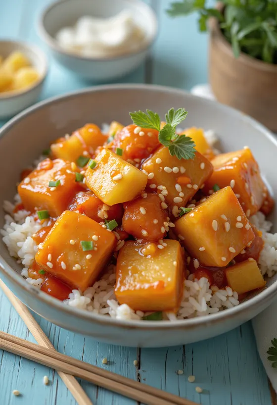 Tofu e skuqur me salcë ëmbël dhe thartë, speca dhe ananas