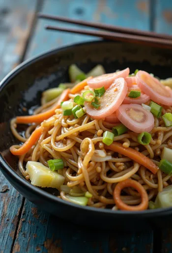 Yakisoba me perime, makarona të skuqura të shërbyera me perime shumëngjyrëshe