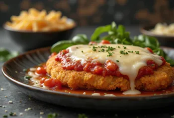 Chicken parmigiana served with pasta and fresh basil