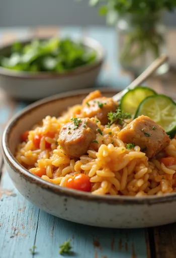 Pilaf me mish me mish derri të lëngshëm dhe perime, i përgatitur me bollëk