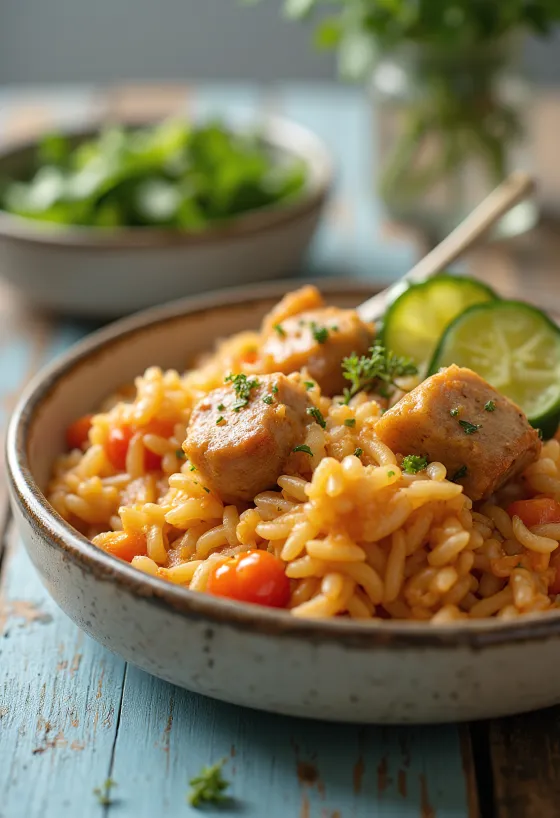 Pilaf me mish me mish derri të lëngshëm dhe perime, i përgatitur me bollëk