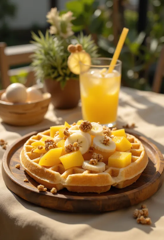 Gofre me fruta tropikale me fruta të freskëta dhe mjaltë
