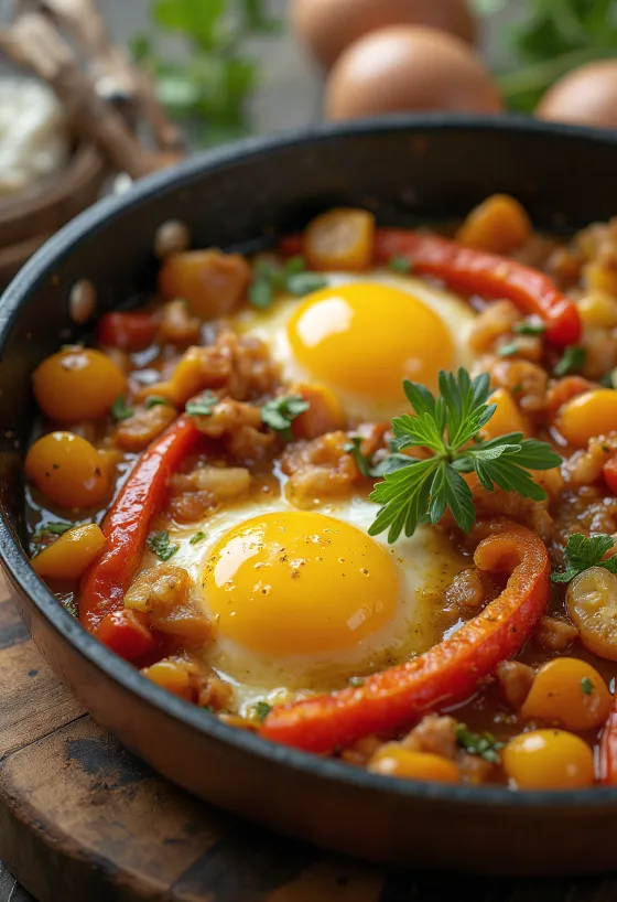 Ratatouille me perime të skuqura shumëngjyrëshe, e zbukuruar me erëza të freskëta