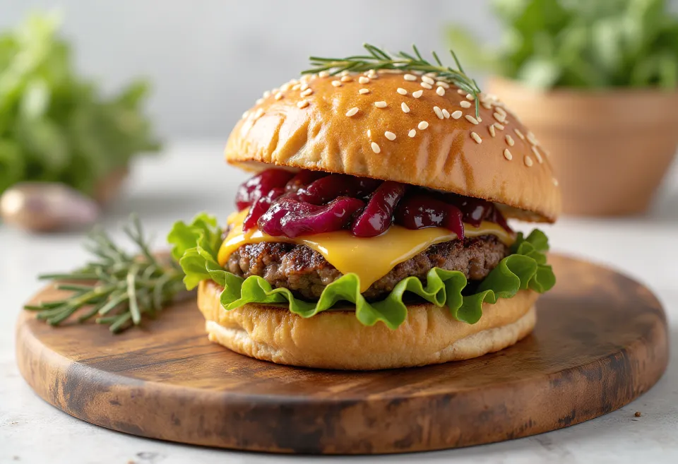 Burger me Rozmarinë dhe Qepë të Kuqe i servirur
