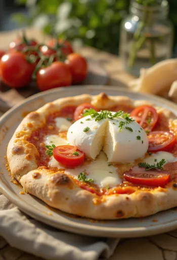 Pizza alla Burrata me djathë burrata kremoz dhe borzilok të freskët