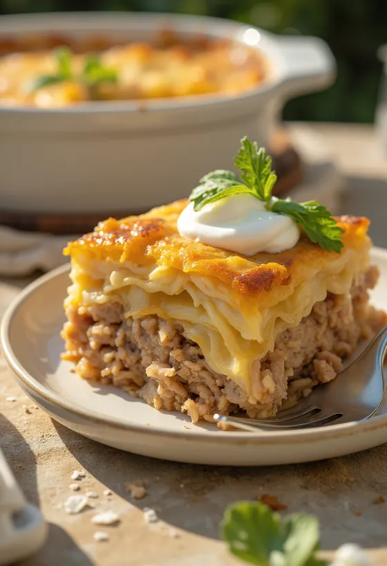 Tavë me lakër turshi tradicionale, e shtruar me mish të grirë dhe oriz, e servirur me ajkë.