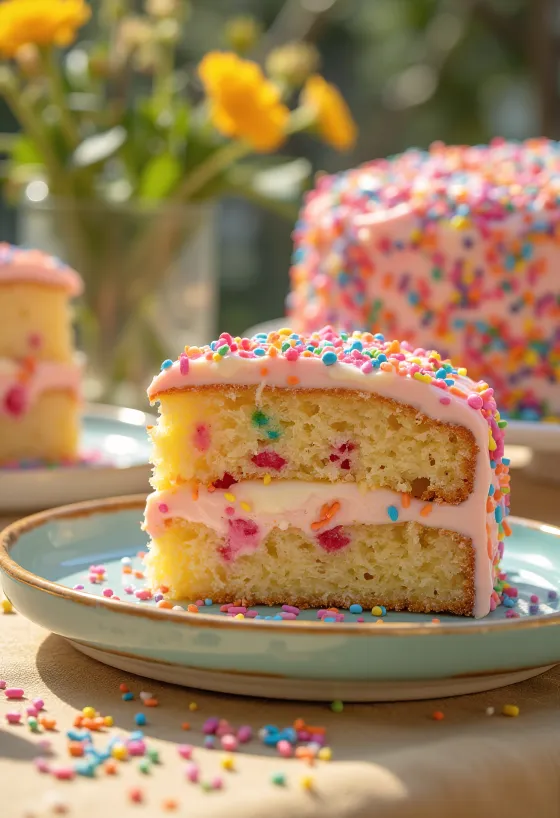 Tortë Sprinkle e dekoruar me sheqerka shumëngjyrëshe