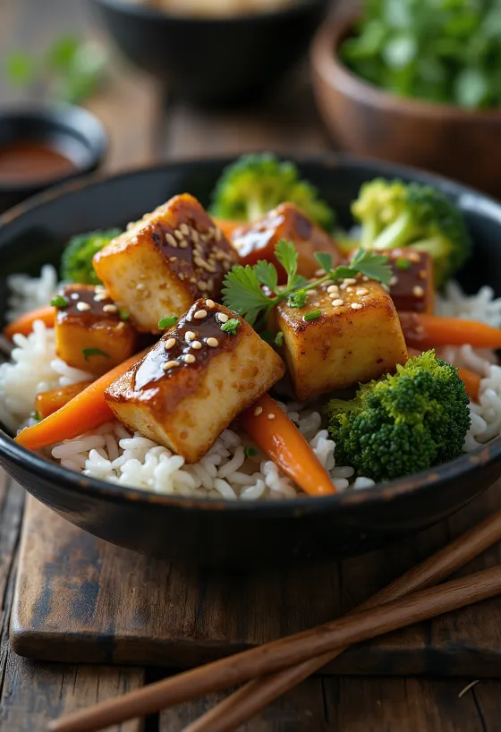 Tofu me susam dhe perime, i shërbyer me susam të pjekur dhe perime të freskëta.